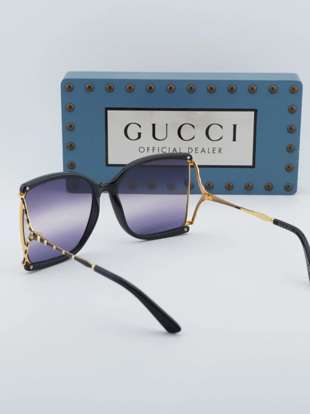 Gucci GG0592S 002 Square Sunglasses - Black / Gold / Smoke Gradient
